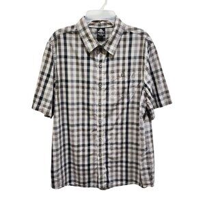 Firefly Men's L Short Sleeve Button Up Shirt Gray Black Check Plaid 100% Cotton